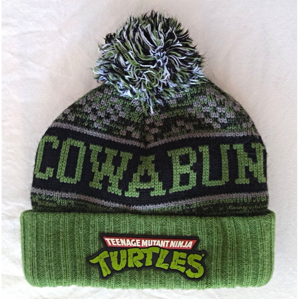 Nickelodeon TMNT Knit Beanie Pom Pom Hat Green/Black/Gray One Size